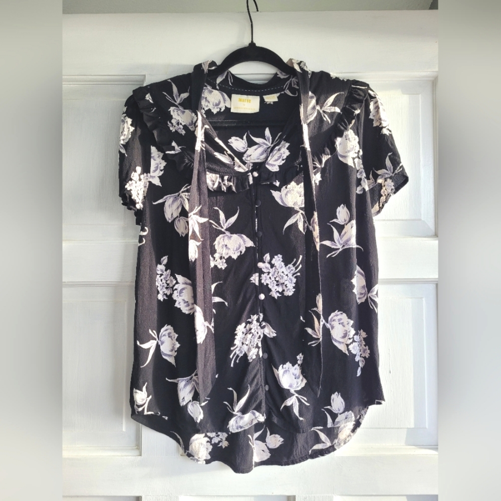 Maeve By Anthropologie Floral Black and White Women's Top, Size Medium
